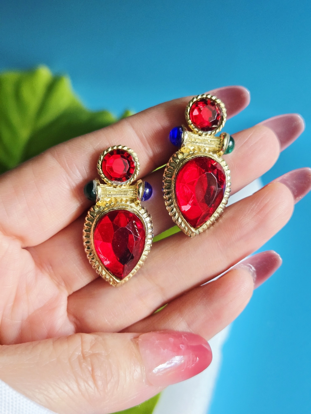 Avon Vintage Gold-Tone Earrings with Red Blue Teardrop and Round Fuax Stones